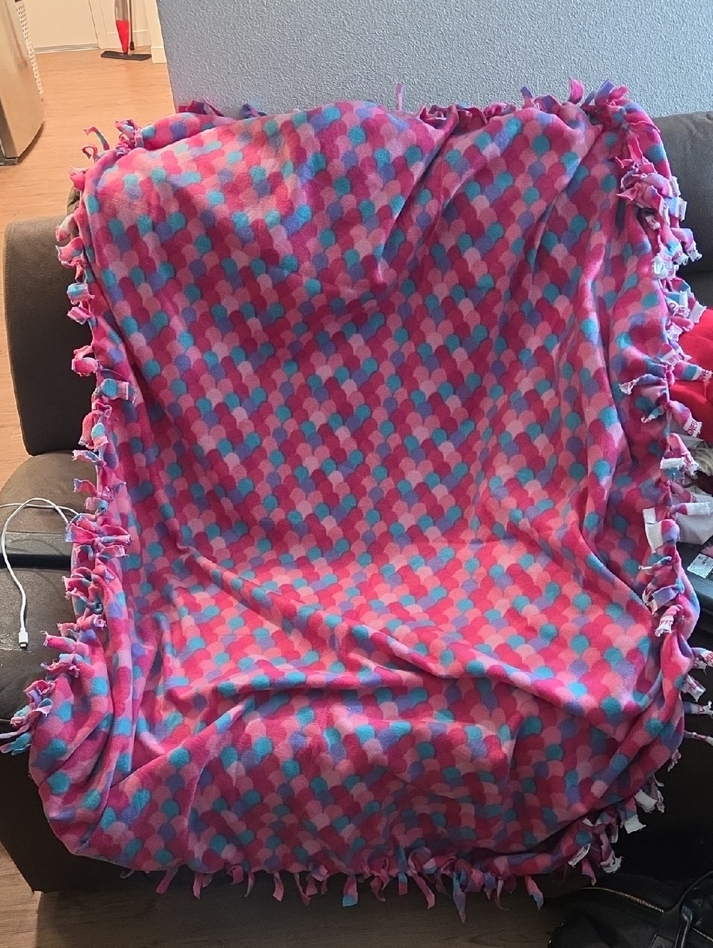 Plush Pink & Blue Knotted Fringe Throw Blanket